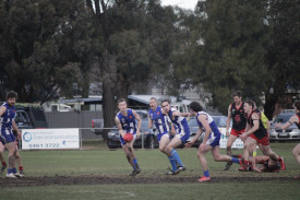 Newstead’s Jedd Pedretti looks to get the quick hands off to give the Steaders’ the centre clearance. 