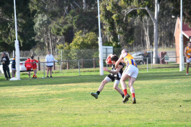 Maryborough Rovers’ Kaylab Eggers earns a free kick for a high tackle from Dunolly’s Joel Fisher.