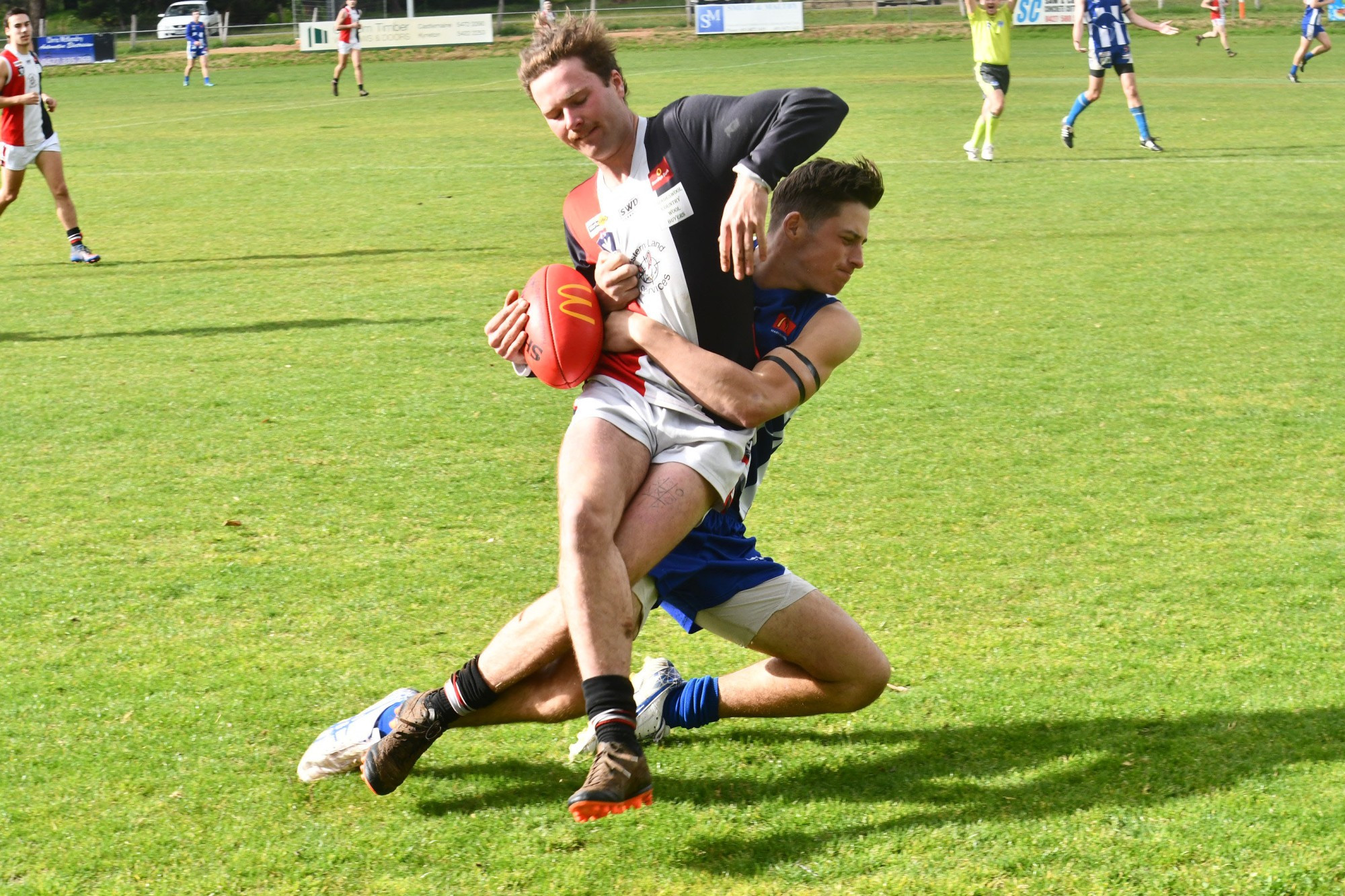 Trentham’s Joel Brown cops a strong tackle from Newstead’s Nathan Spackman. Despite the Steaders’ best efforts, they couldn’t stop the MCDFNL’s runaway ladder leader on Saturday afternoon, as all sides head into the pointy end of the home and away season with finals now one game away.