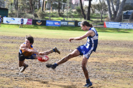 Extreme determination was a winning factor for Harcourt, shown by this smother of Newstead’s Adam McConachy free kick.	