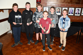 Maryborough under 12 trophy winners (left to right): Darcey Hoban (Best Clubman), Jayden Humphrey (Most Determined), Ed Boyes (Most Improved), Coltyn Brydon (Best Team Player), Cruz Stevens (Most Consistent). Front: Maddox Stevens (Coaches Award).	