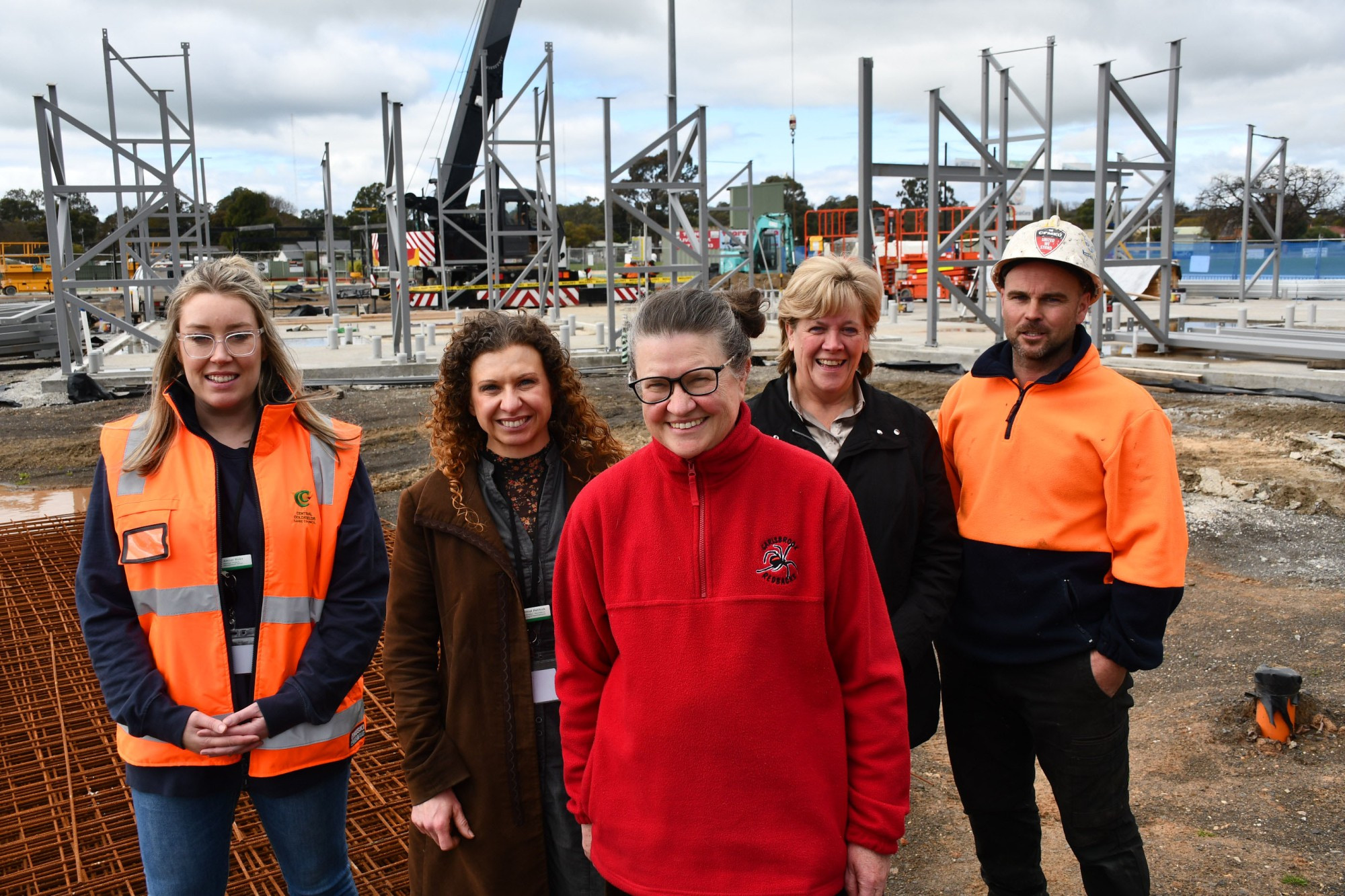 Central Goldfields Shire Council’s Amber Ricks and Carmel Pethick alongside Carisbrook Football Netball Club secretary Carlene Dowie, Tullaroop Ward councillor Anna De Villiers and site supervisor Jason Gilbert.