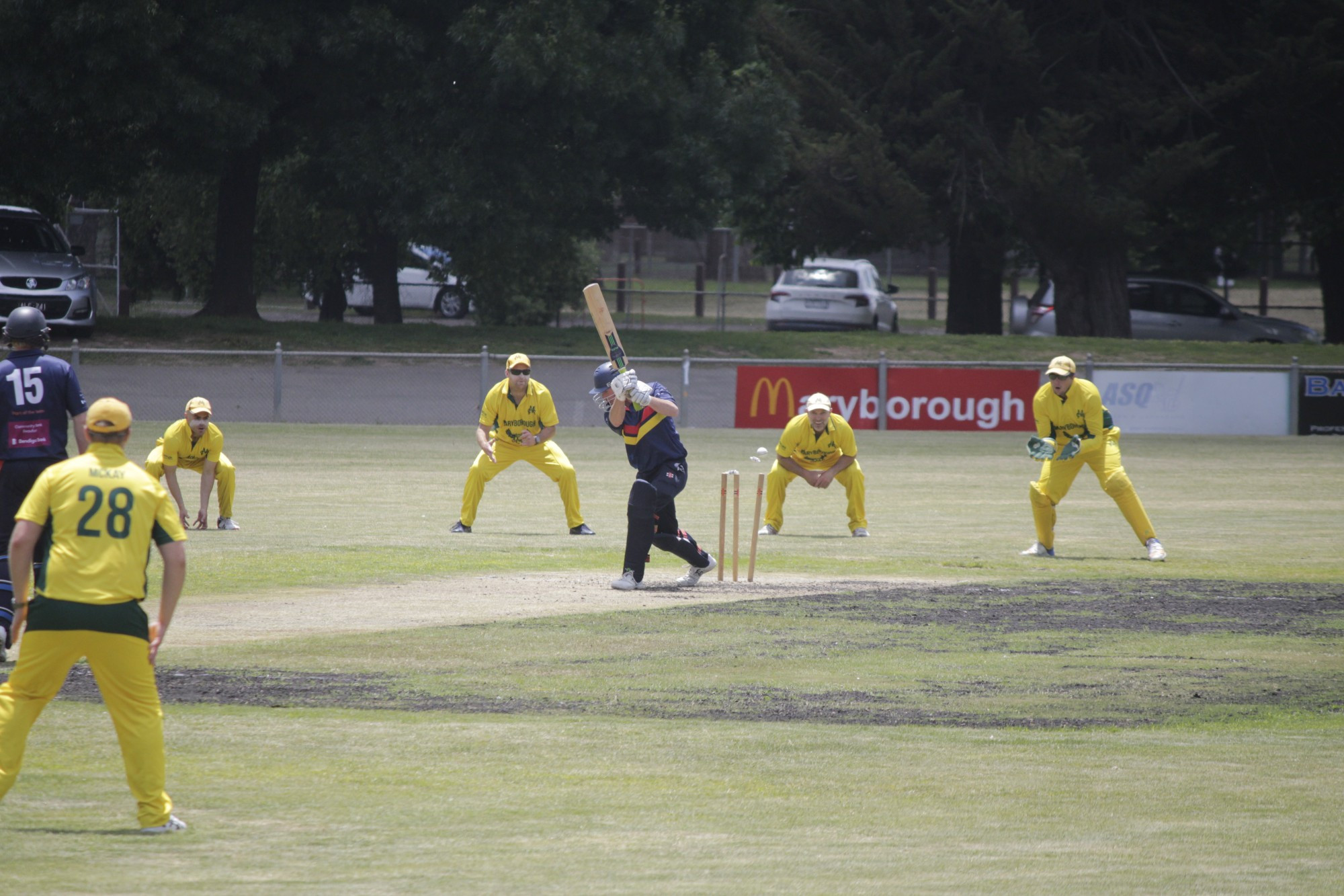 Beaufort’s Blake Jantzen is clean-bowled by Maryborough’s Liam Maffescioni.