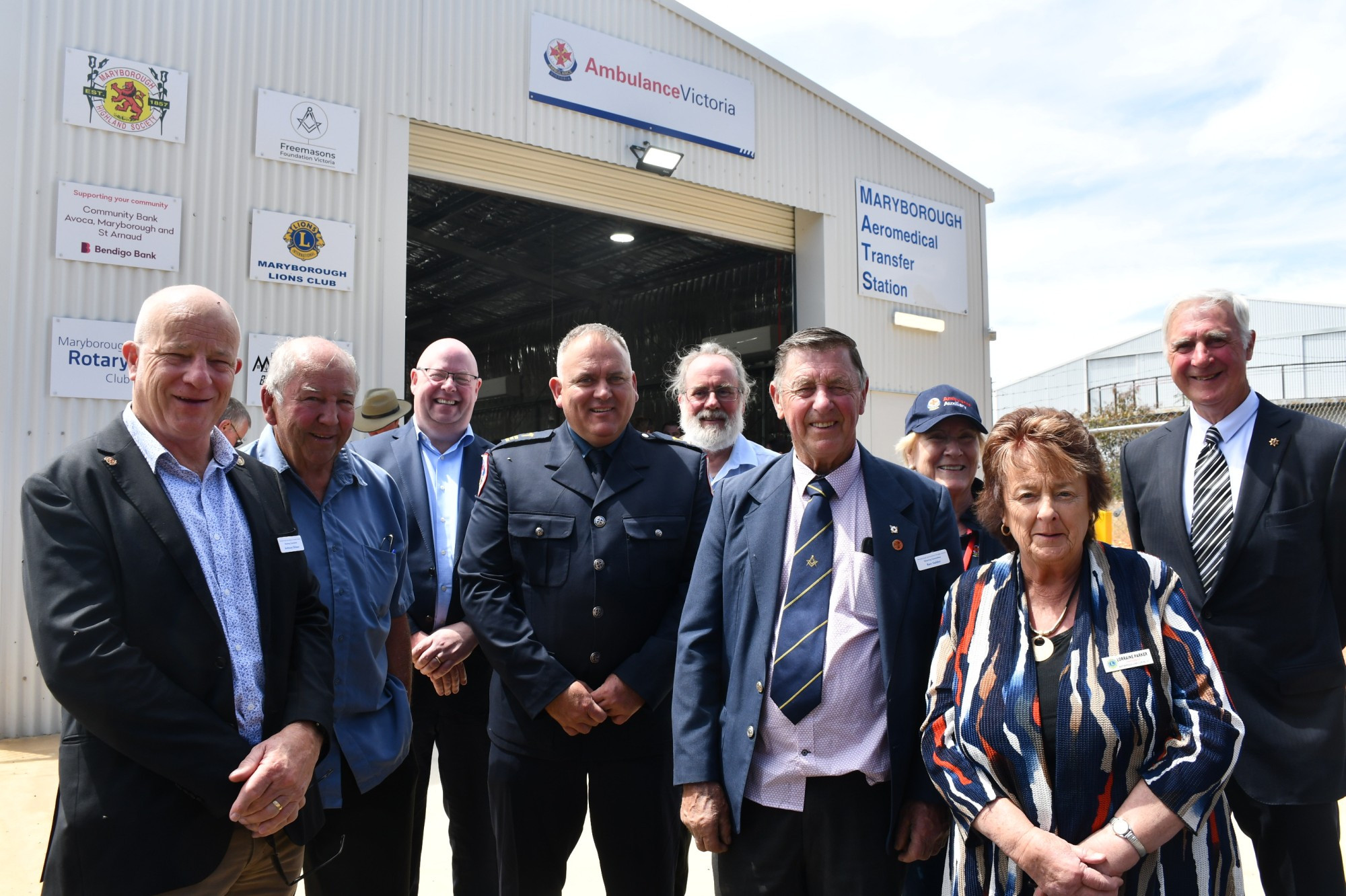 Community members and dignitaries celebrated the opening of Maryborough’s Aeromedical Transfer Station on Friday. Anthony Ohlsen, Daryl Maffescioni, former Ambulance Victoria CEO Tony Walker, Mark Passalick, Ross Barkla, Ken Calder, Anne Canterbury, Lorraine Parker and Dan Mullins.