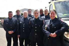 Ambulance Victoria’s Trevor Weston, Andrew Jochs, Gary Grant, Aaron Ryan, Eileen Langhorn, Mark Passalick, Kelly Jones and Isla Douglas at Friday’s launch. 