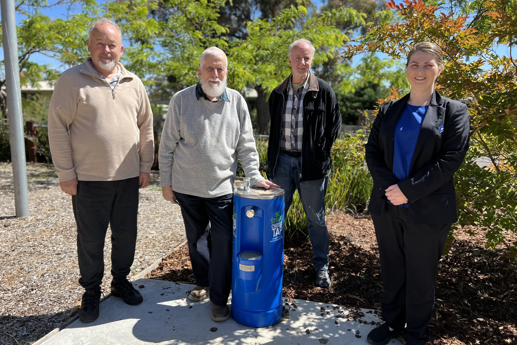 Maryborough Community House treasurer John Lelean, president Tony Gibson, media manager Cameron Taylor joined by Customer Services Officer Lisa Nicholls from Central Highlands Water at the new fountain.