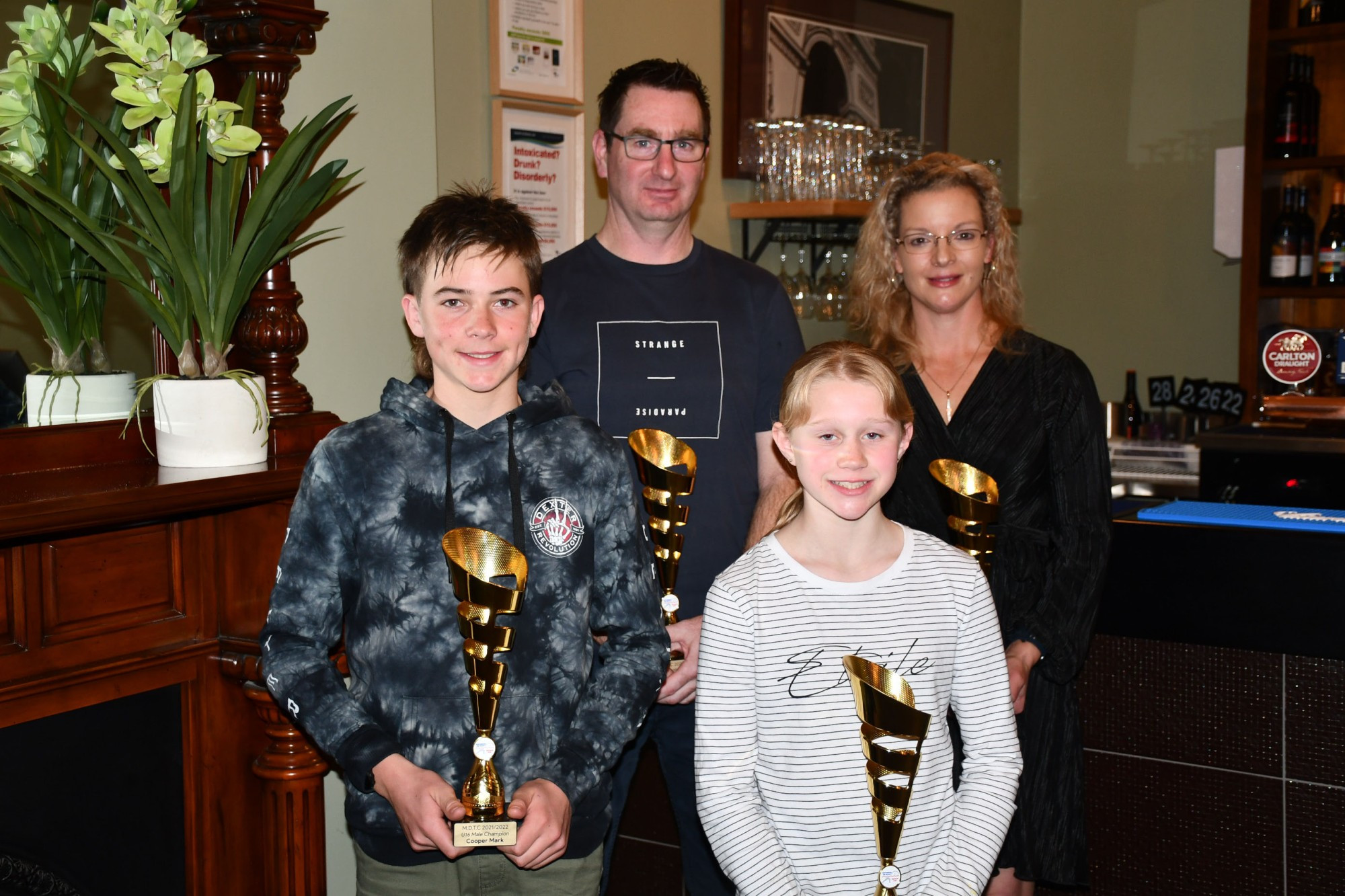 Club Champions Adam Lowery (Open Men), Jaclyn Beer (Open Female), Cooper Mark (Under 16 Boys), and Ella Govan (Under 16 Girls).