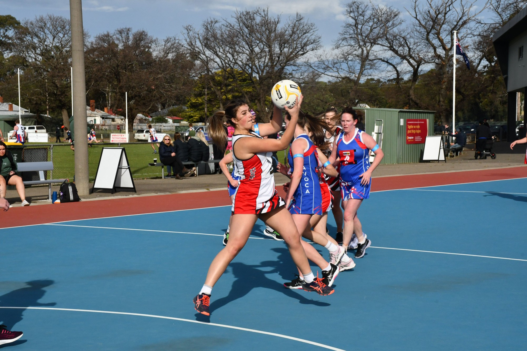 Trentham's Elysia Rose takes a strong pass in front of goal.