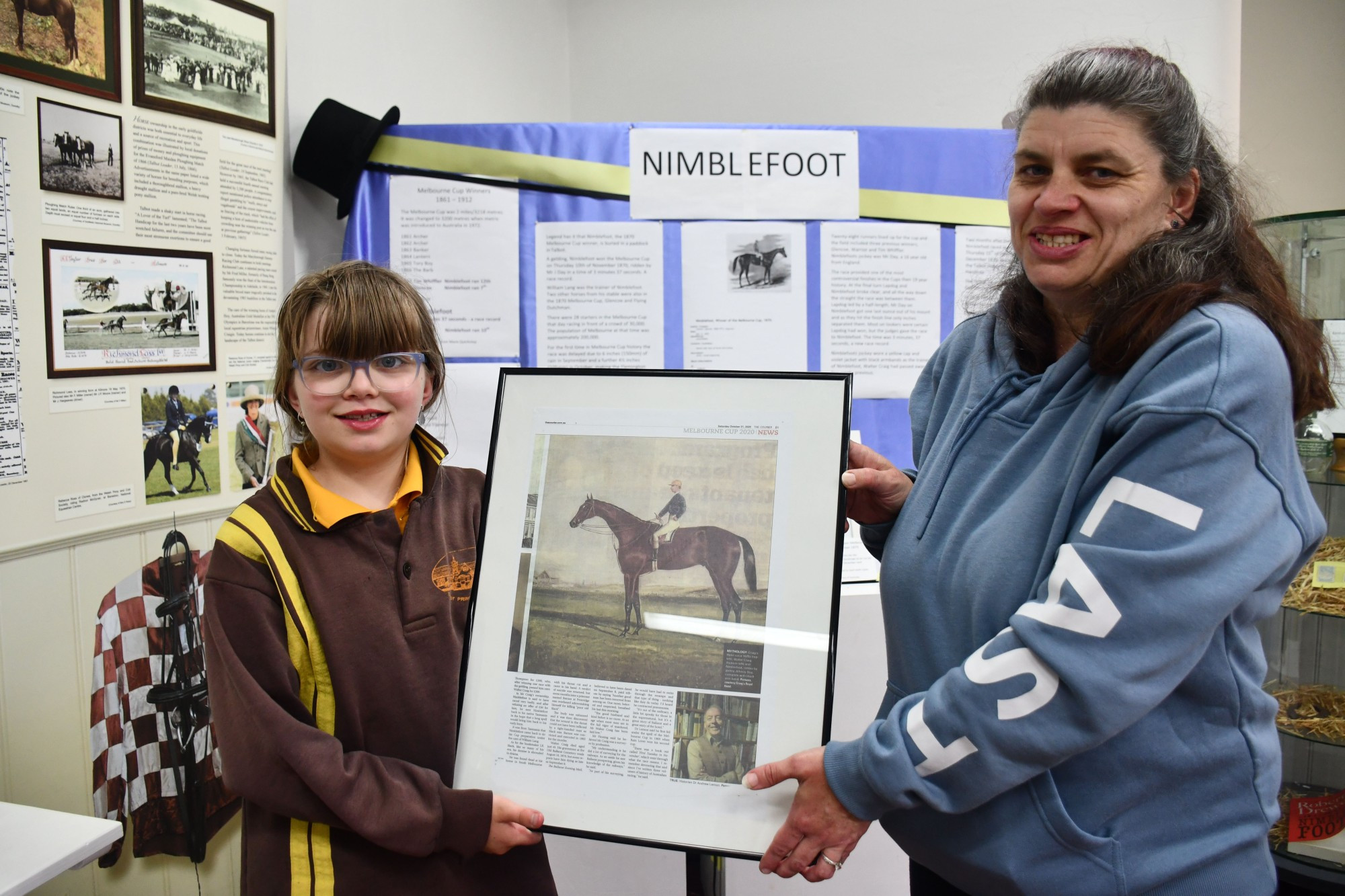 Talbot Arts and Historical Museum member Denise O’Regan and her daughter Amelia Johnson in front of the Nimblefoot display set up at the museum.