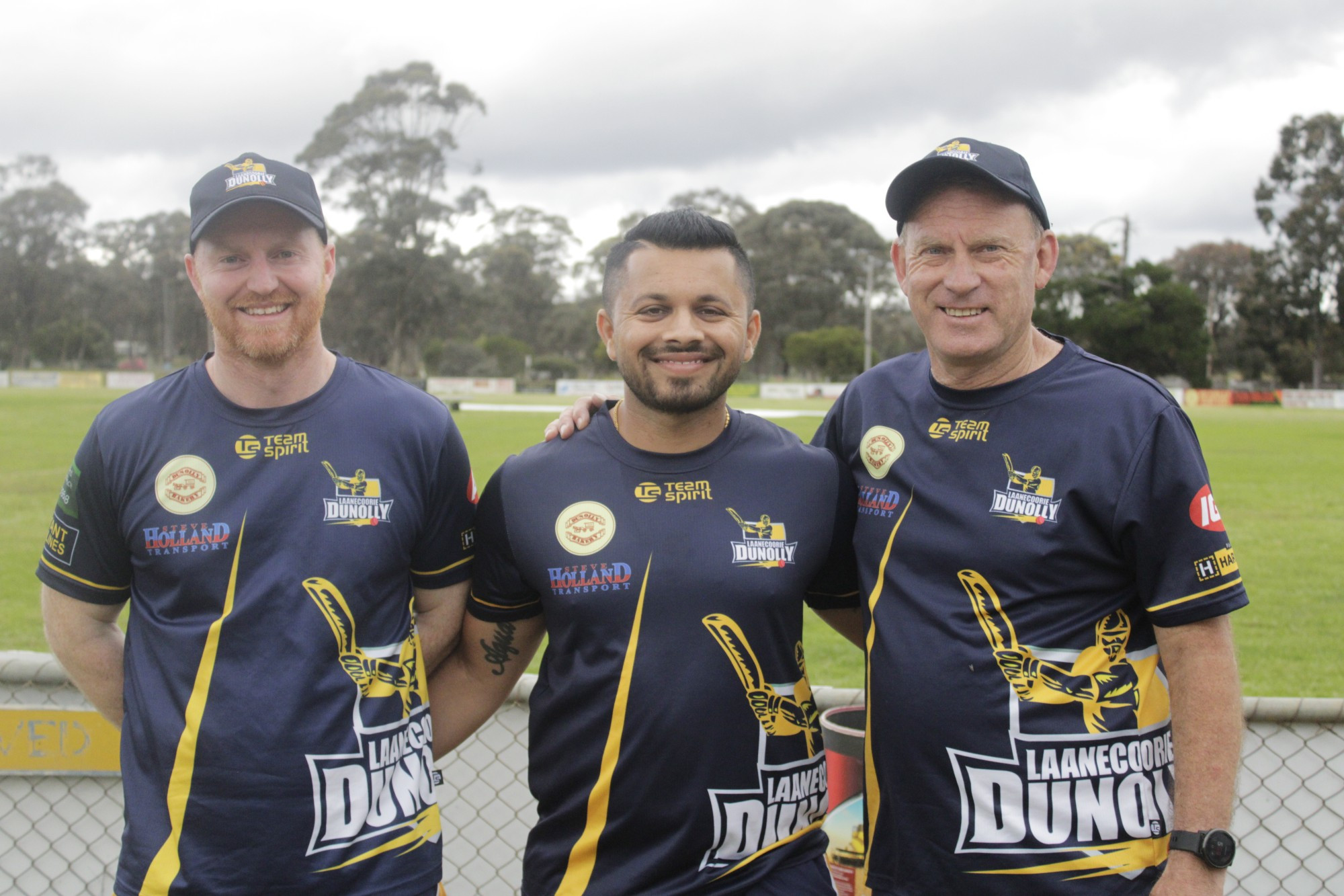 Laanecoorie Dunolly’s Samit Gohil (centre) with captain Matt Smith (left) and president Ralph Williams (right). Gohil starred in his first innings as a Laane player, top-scoring with 40 in their victory over Colts Phelans on Saturday.