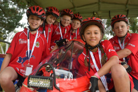 Briagolong Primary School students Archie, Harmony, Jack, Chelsie, Lily and Emily are determined to win. 