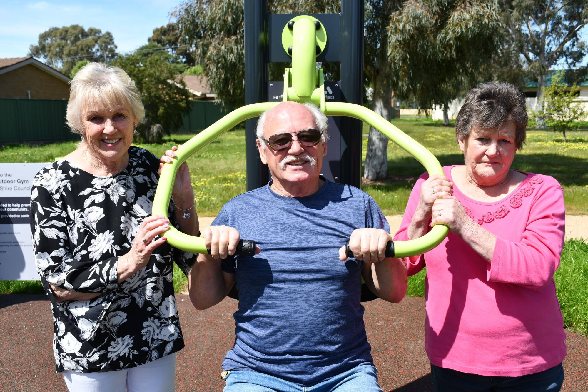 Carisbrook residents Marilyn and Graham Walker, alongside Anne-Marie Stephen, checked out the newly installed outdoor exercise equipment in Carisbrook.