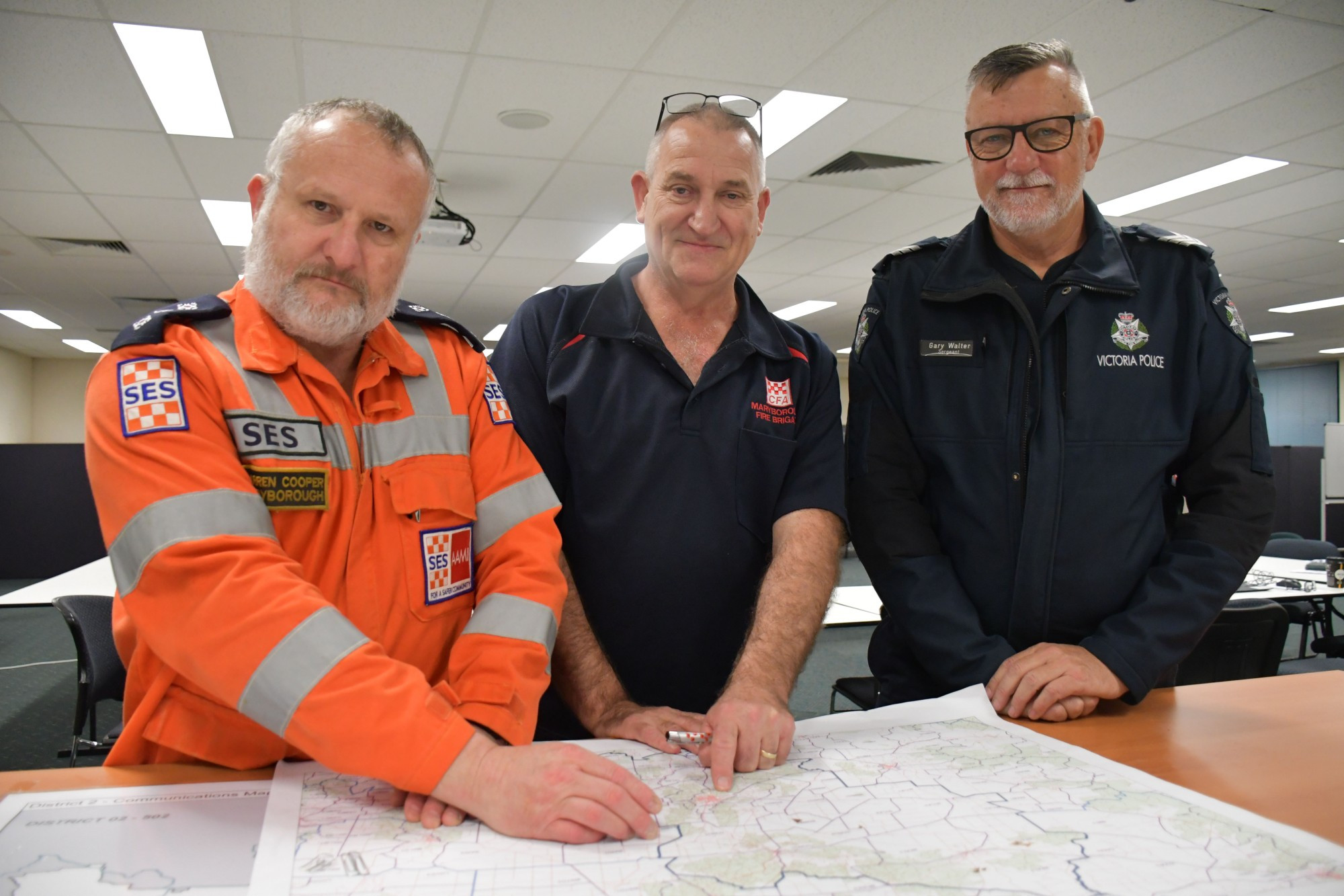 Maryborough SES unit controller Darren Cooper, Goldfields Group Officer Peter Higgins and Maryborough Police Sergeant Gary Walter at this week’s emergency services meeting.