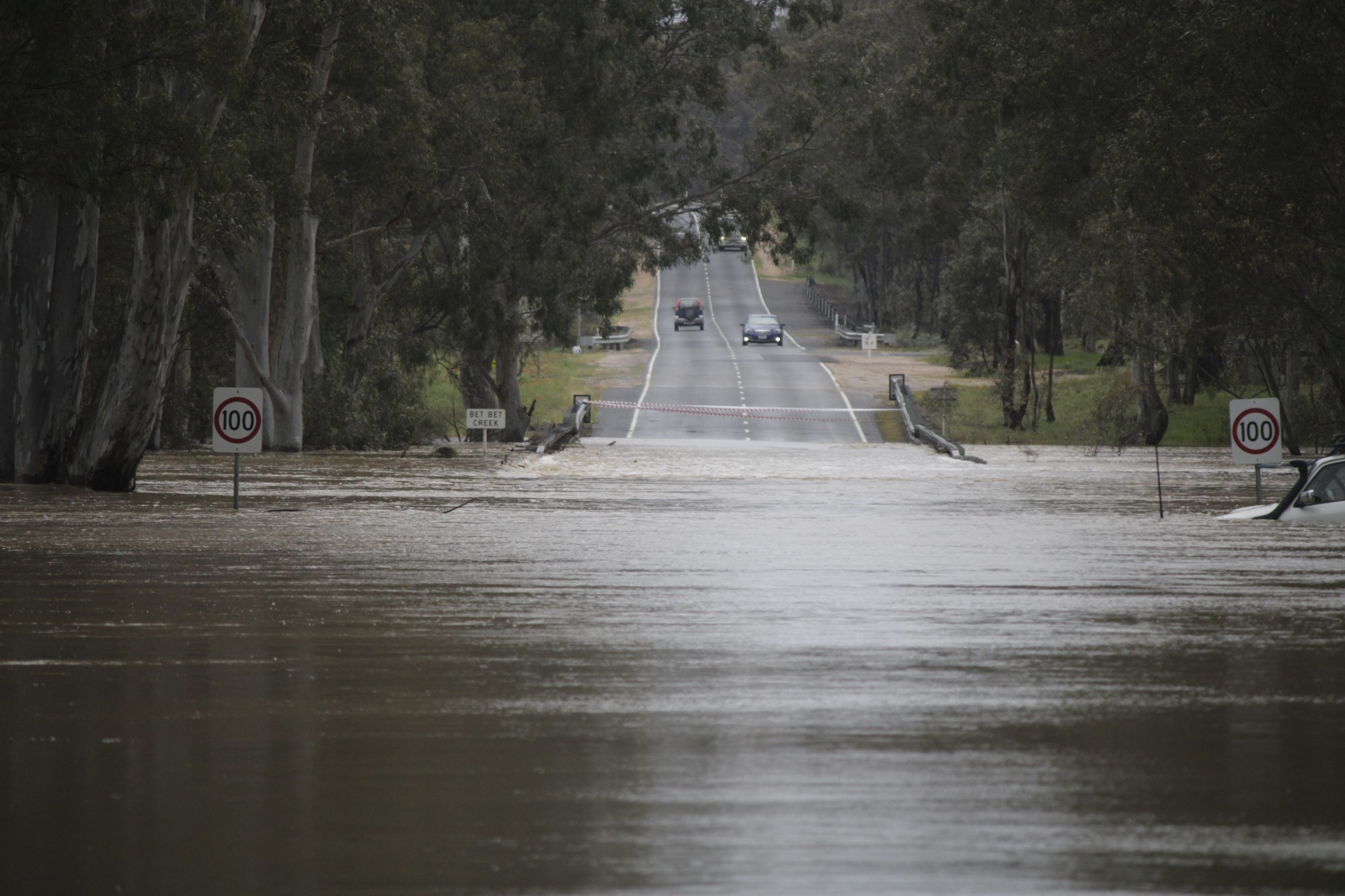 Despite warnings, cars became stuck in flood waters including along the Maryborough-Dunolly Road at Bet Bet.