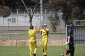Maryborough’s Chris Freeman celebrates his wicket with captain Mitch McClure.