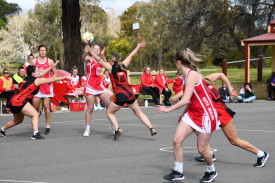 Maddison Farrell (Natte) passes across court past Maldon’s Meg Tong. Photo: 060922 10