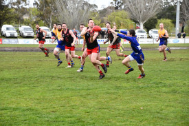 Carisbrook’s Michael Zelencich handpasses past Harcourt’s Lachlan Mitchell’s outstretched arms. 