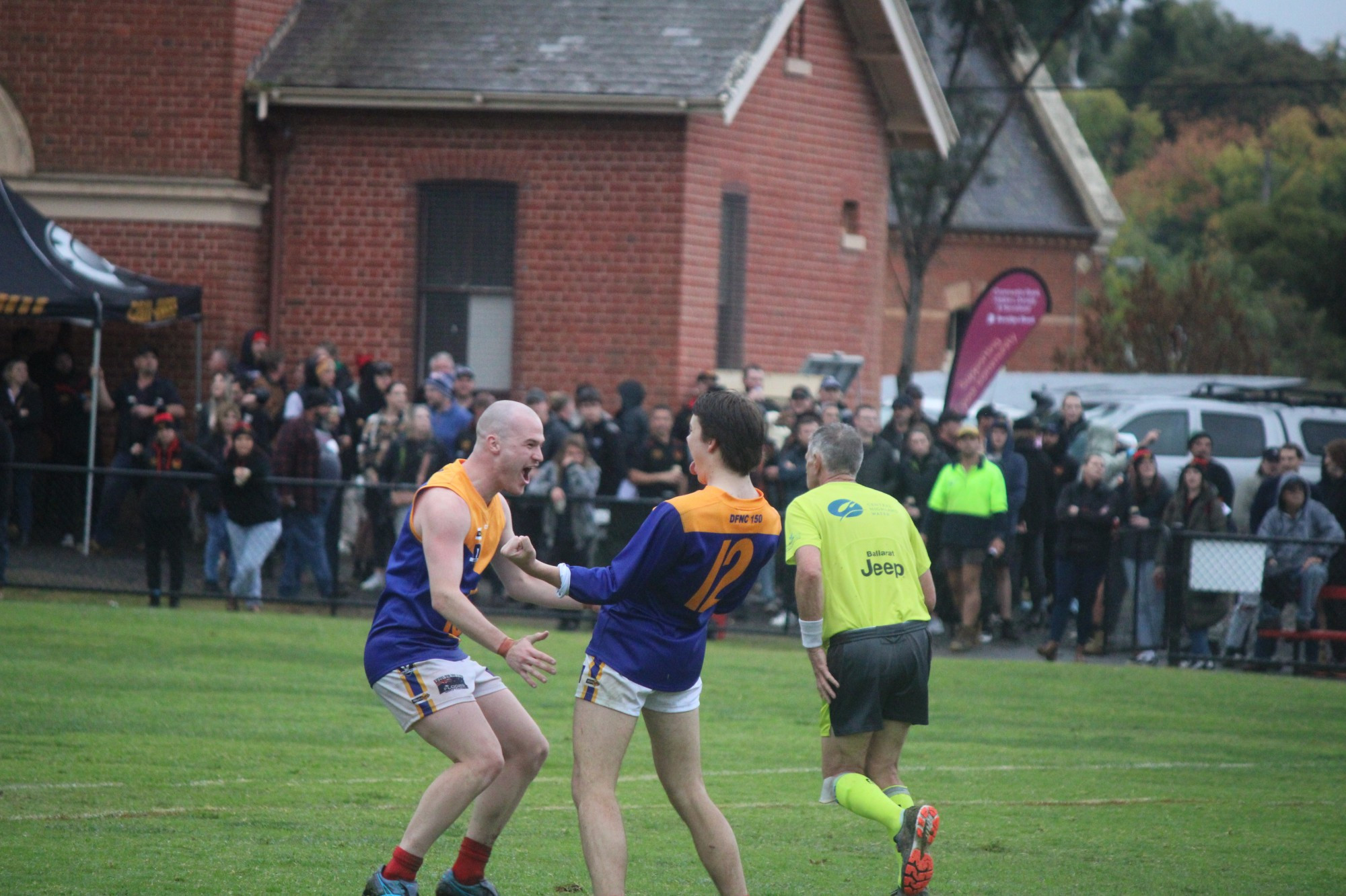 The rain couldn’t put a dampener on the return of football and netball to the region on Good Friday — especially not Dunolly’s Joel Fisher and Oscar Keogh, celebrating the last goal of the game. The Eagles had a ripper day out, defeating Maldon in the football and netball. The Maryborough Castlemaine District Football Netball League season will officially launch with round one this Saturday. Photo: 110423 08