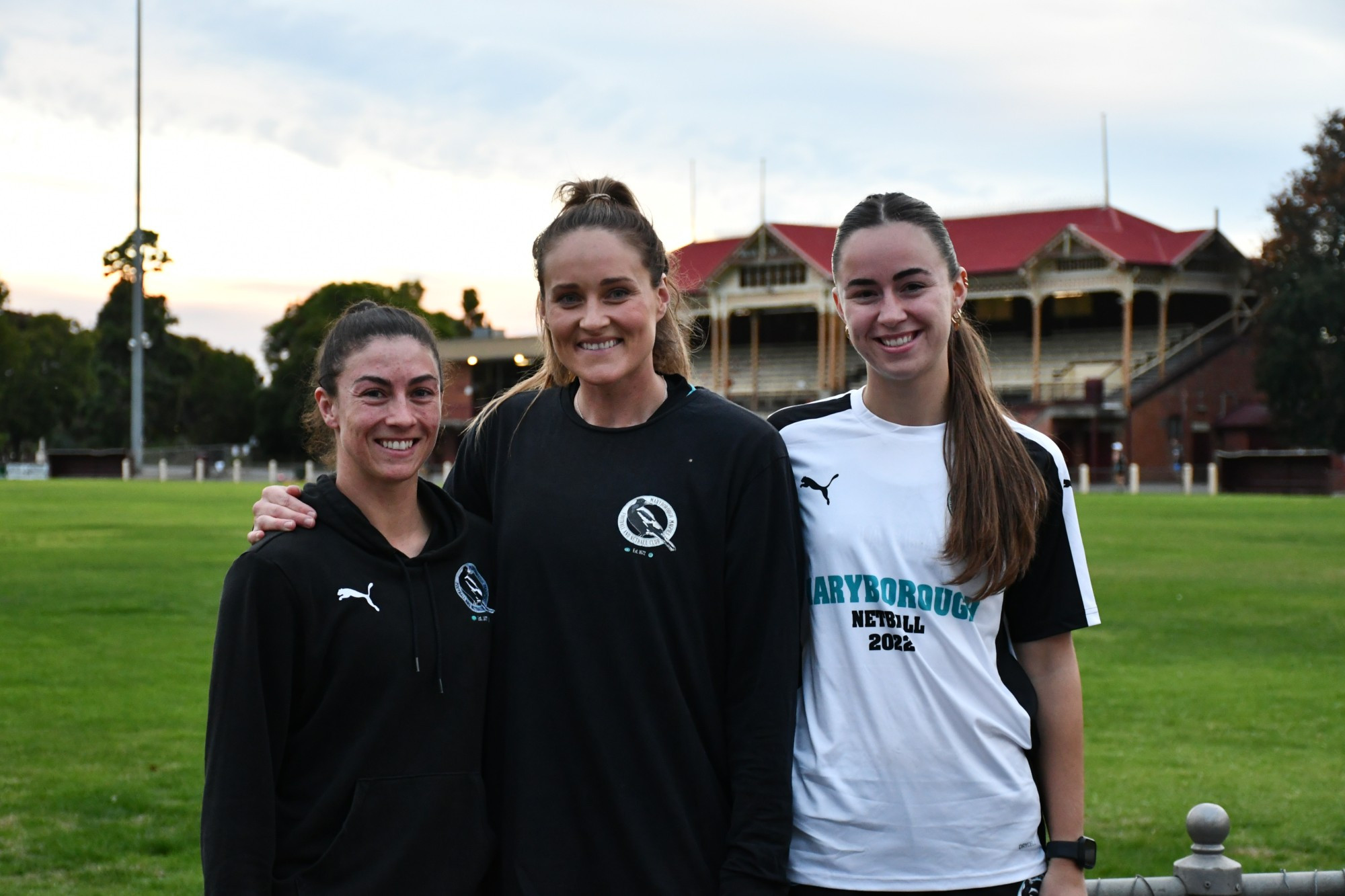 It’s been a big preseason at Magpieland, with new coaches Jordan MacIlwain and Coby Perry ready to lead Maryborough’s senior football A grade netball teams into battle. Their season starts tomorrow when they host Castlemaine at Princes Park. Netballers: Amanda Durbridge, MacIlwain and Keely Hare. Photo: 140423 10
