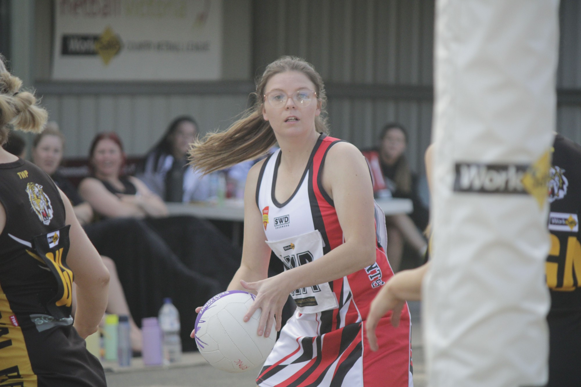 Trentham’s Holly Wheeldon looks for options in the Saints’ goal circle. Photo: 250423 09