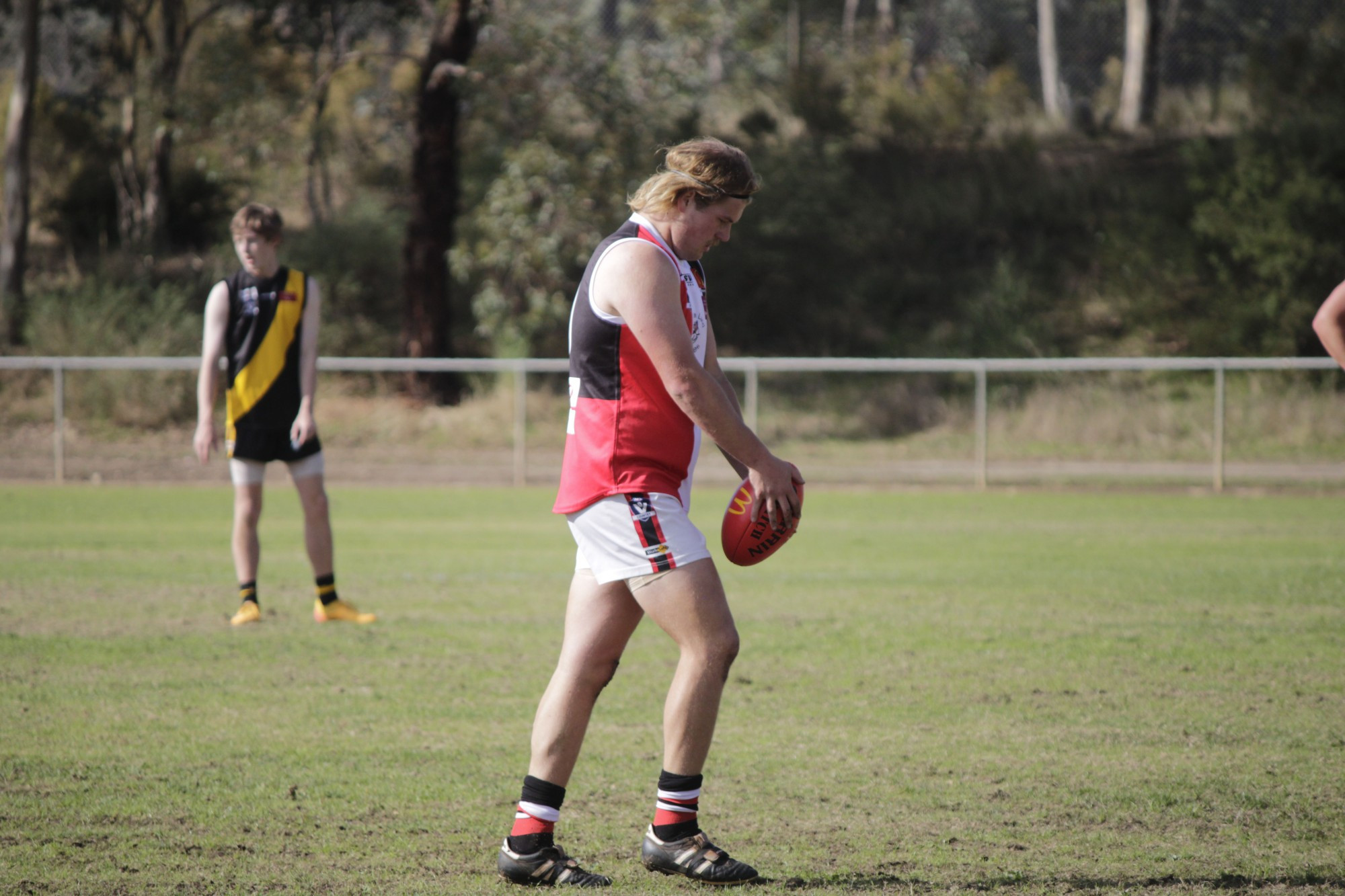 Cooper Webber-Mirkin has been a dominant force in the first two rounds for Trentham, and kicked eight goals on Saturday. Photo: 250423 03