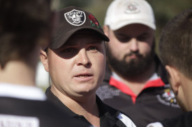 Trentham coach Clive Raak lays down the law at quarter time. Photo: 250423 05