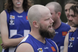 Newstead playing-coach Joel Smith gets his charges motivated at three-quarter-time in their clash against Lexton. Photo: 280423 21