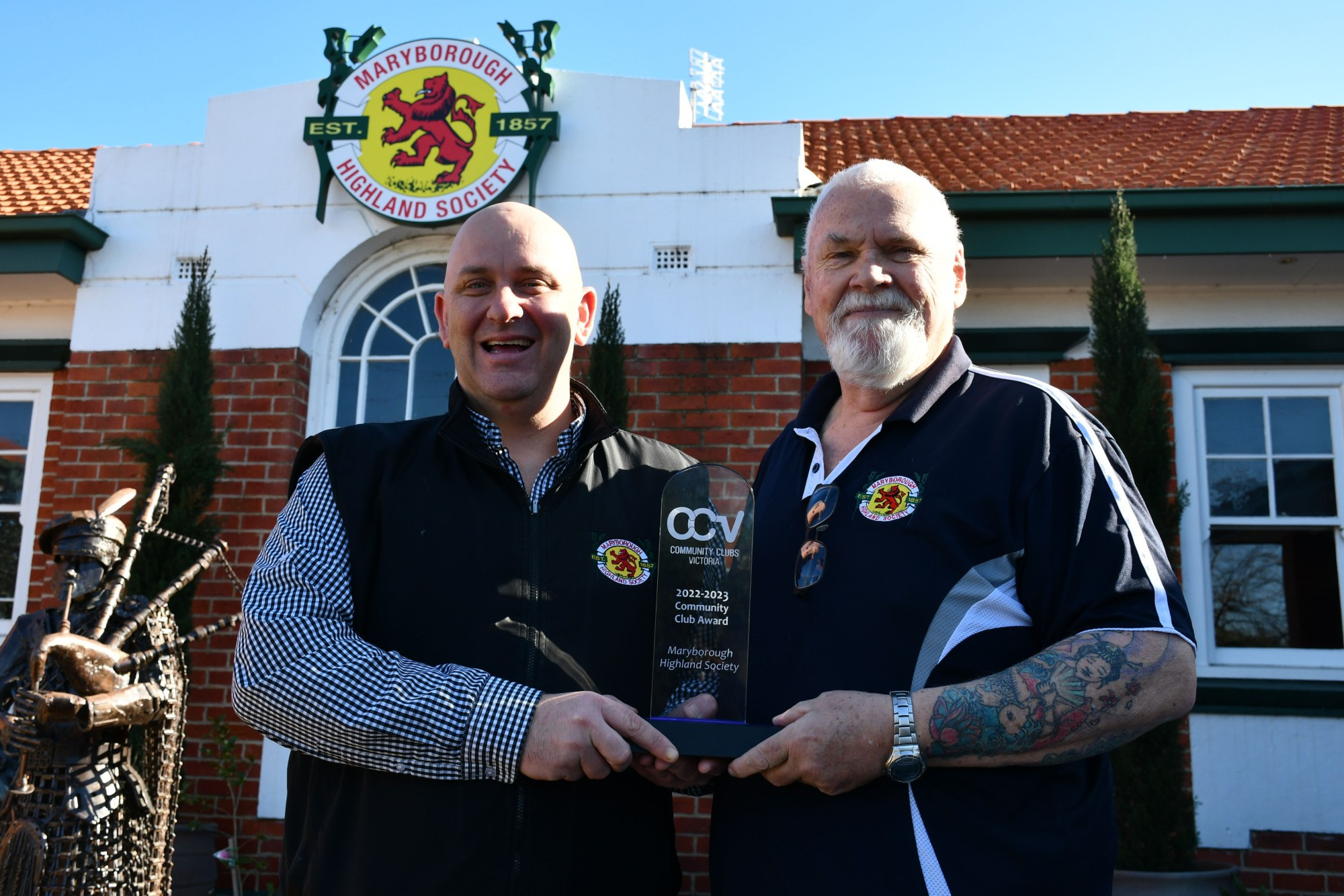 Maryborough Highland Society’s general manager Malcolm Blandthorn and president Bruce Kaye expressed their excitement at winning this year’s regional Community Club award at the Community Clubs Victoria Gala. Photo: 040823 04