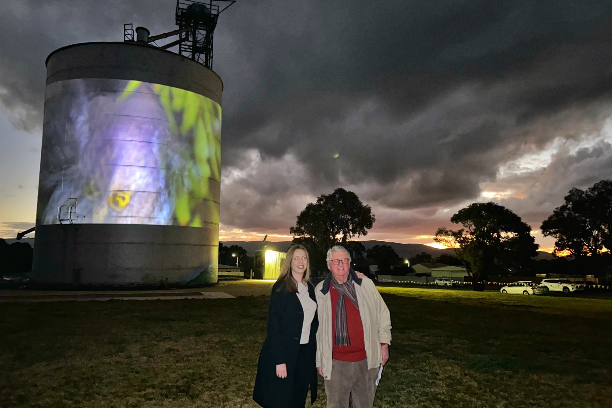 Member for Ripon Martha Haylett and Avoca Arts & Gardens president Hugh Forster recently unveiled a new video installation set to be projected onto the town’s famous silo. Photo: Supplied.