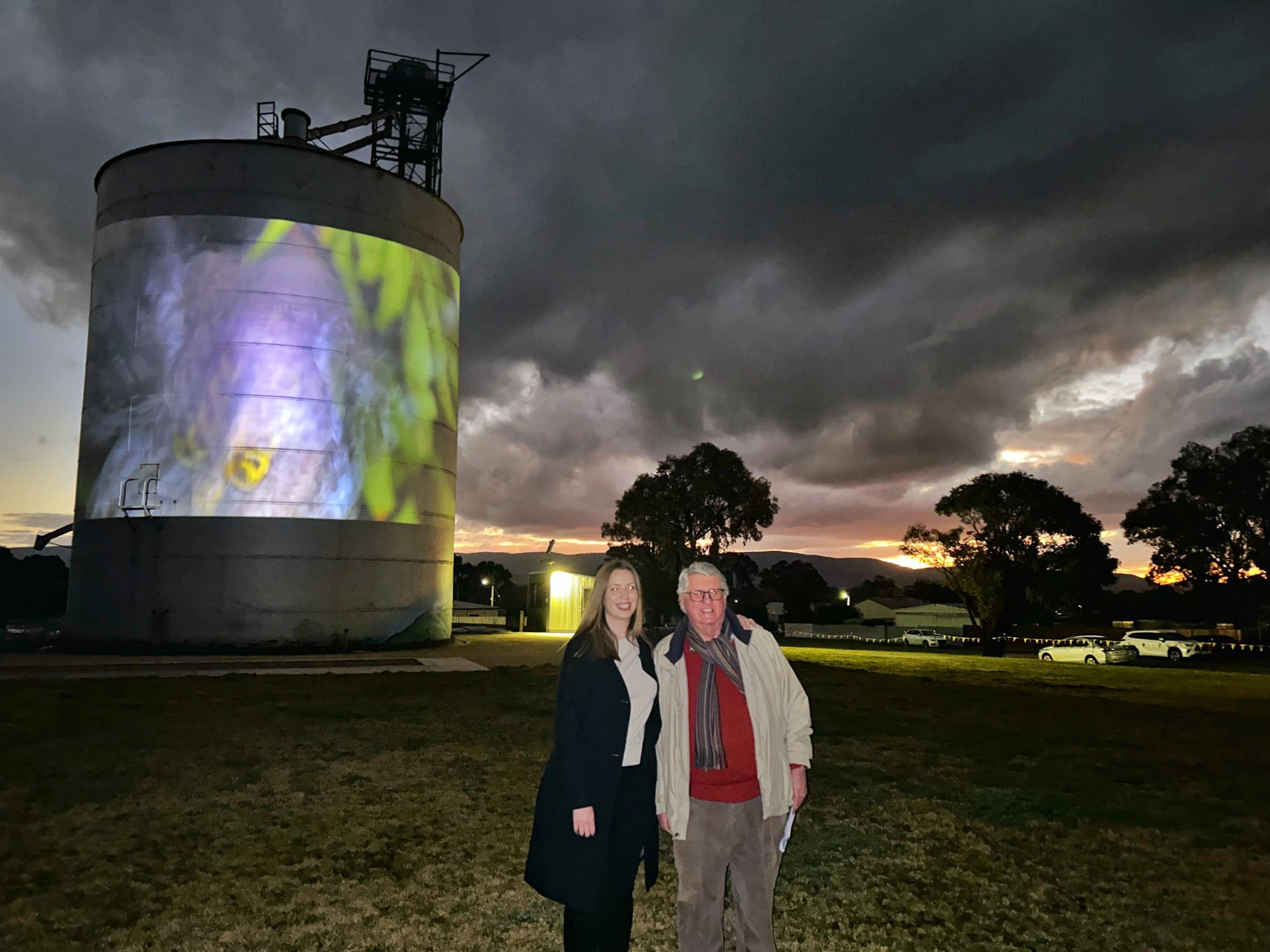 Part of Australia’s Silo Trail, the Avoca Silo features a glow-in-the-dark mural of a Barking Owl which will now be accompanied by a wildlife projection. Photo: Supplied.