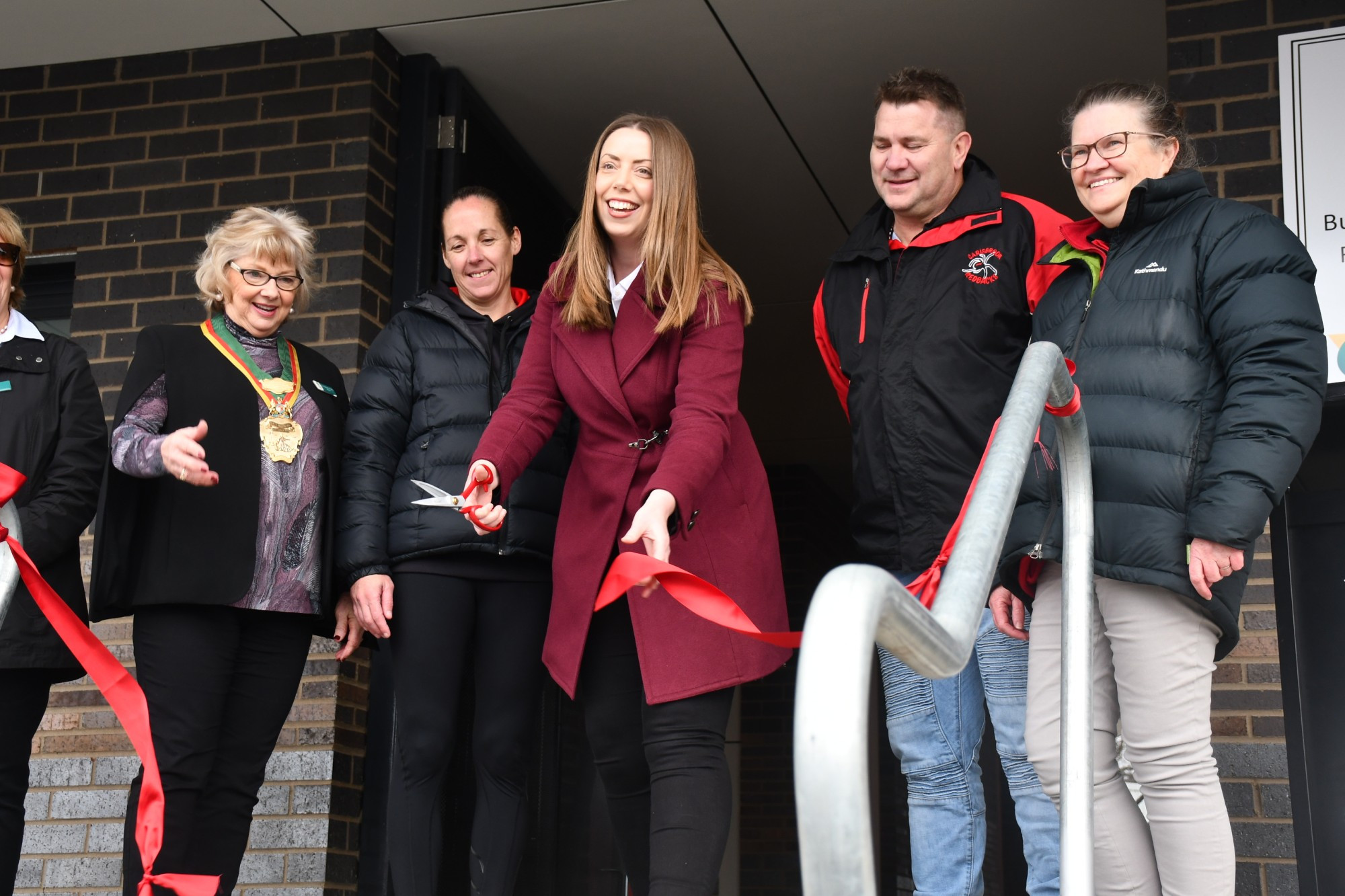 Member for Ripon Martha Haylett opens the new Carisbrook facilities, flanked by mayor Grace La Vella and Carisbrook FNC representative Sherriden Byrne (left) and Carisbrook Recreation Reserve user group committee president Troy Driscoll and Carisbrook FNC representative Carlene Dowie (right). Photo: 080823 20