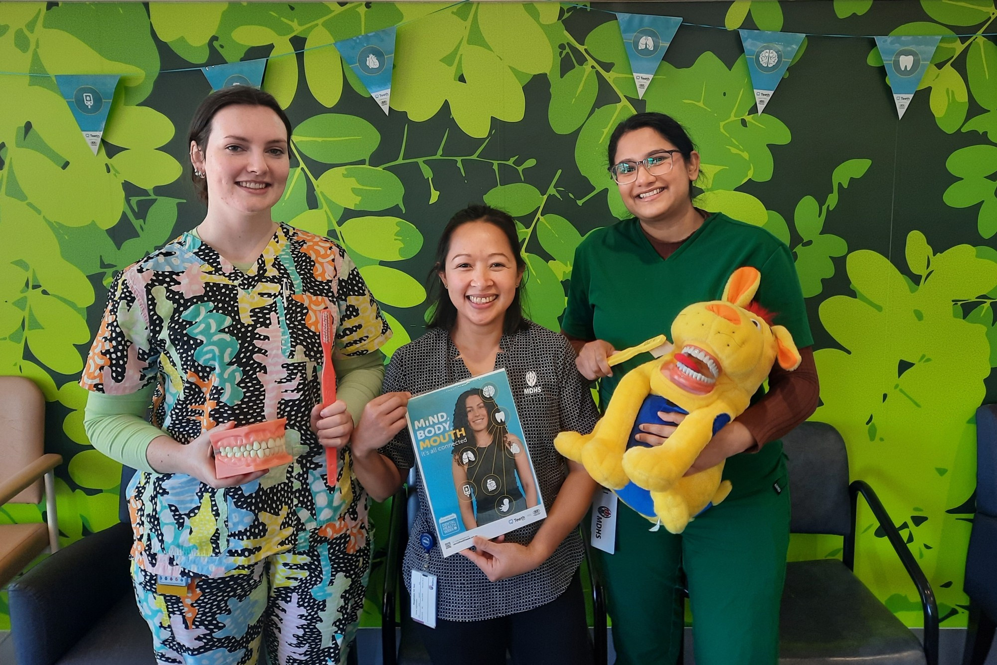 MDHS Dental Services team’s Kate Berend, Irene Legislador and Winny Mathews are urging everyone to keep their teeth and gums healthy to stay well.