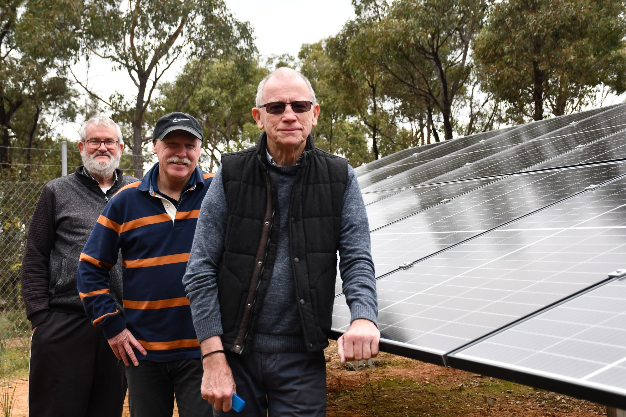 Goldfields FM radio’s Dan Leddin, Ian Fettling and Bruce Leech are excited to tap into green energy with new solar panels installed at the station’s transmission site. Photo: 150823 03