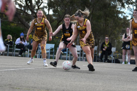 Talbot’s Tina Wardlaw leads Royal Park’s Bridgette Bates in the race to the ball. Photo: 220823 46