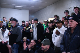 Royal Park’s rooms had a big gathering as senior coach Mark Ashmore and Adam Balzan addressed the players. Photo: 220823 24