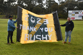 A banner made for the under 11.5 Royal Park players to run through. Photo: 220823 22