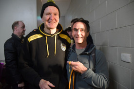 Newly-awarded 1979 best and fairest Mick Caruso (right) with Peter Egan senior (left). Photo: 220823 20