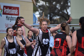 Hayley Collicoat stands in the way of Maldon’s pass in B grade. Photo: 220823 09