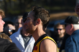 Senior coach Mark Ashmore gives his final address to the Royal Park players at three-quarter-time. Photo: 220823 26
