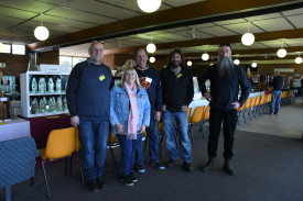 Maryborough Antique Bottle Club committee members Jason Trickey, Brenda Trickey, Steve Greenwood, Trevor McDougall, and Ned Abel in the display area of the show. Photo: 010923 05