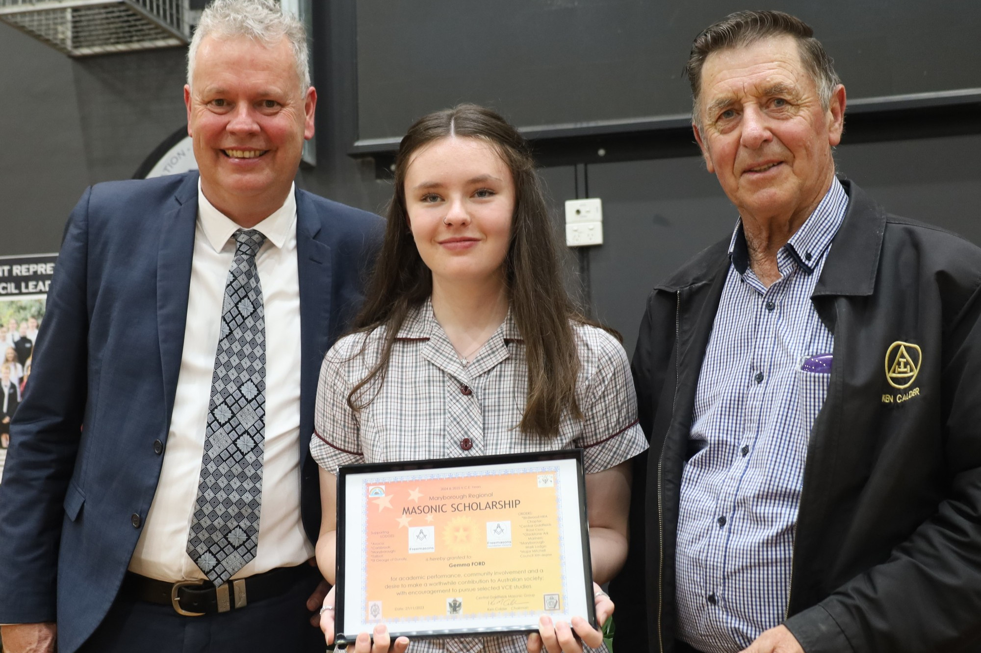 MEC’s Gemma Ford was one of the students successful in receiving an award, which was presented by school principal David Sutton and Central Goldfields Masonic Group chairman Ken  Calder.