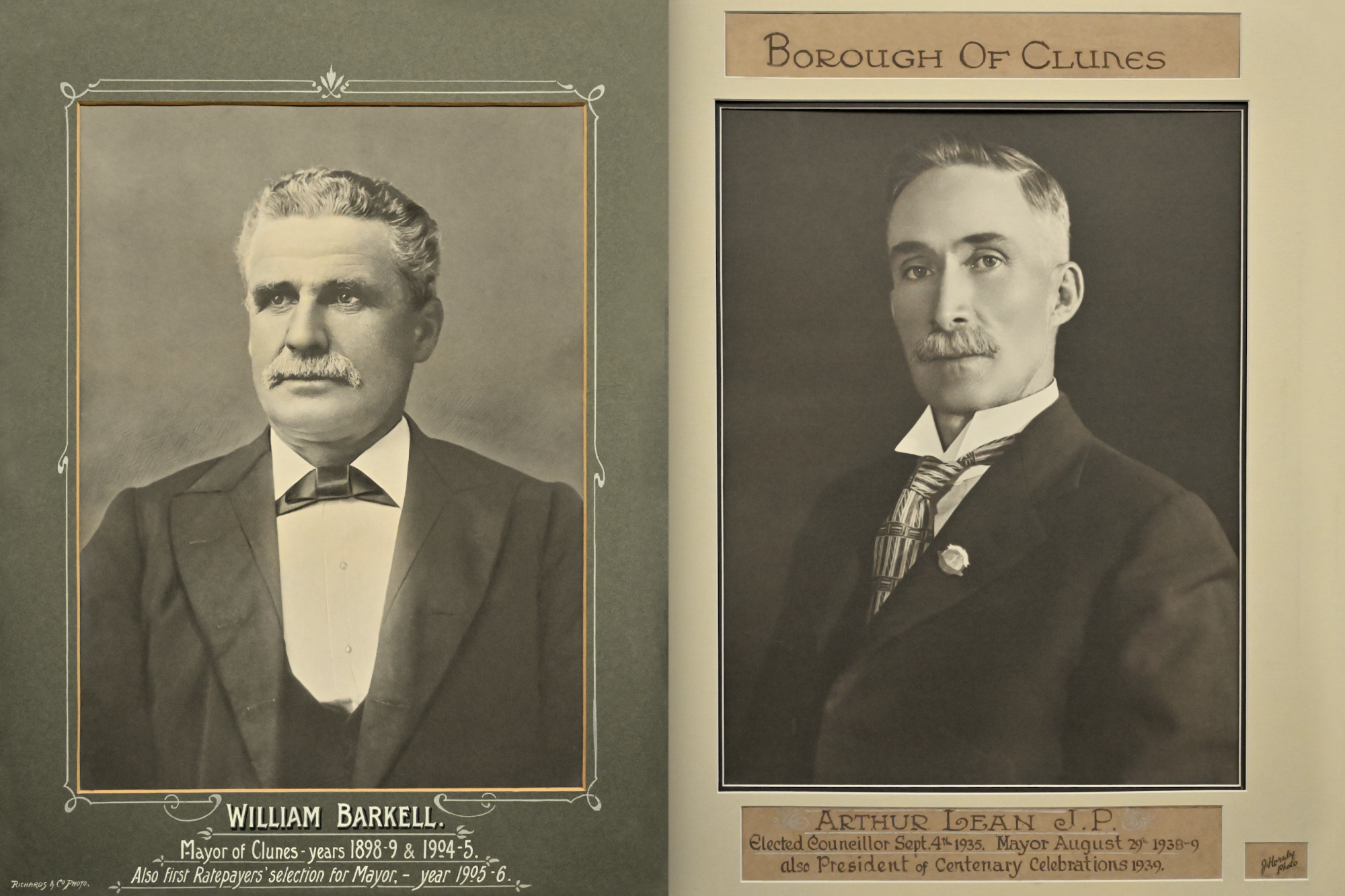 Portraits of some of of Clunes’ mayors, including these photographs of William Barkell and Arthur Lean, are currently on display at the Clunes Museum following a painstaking restoration process.