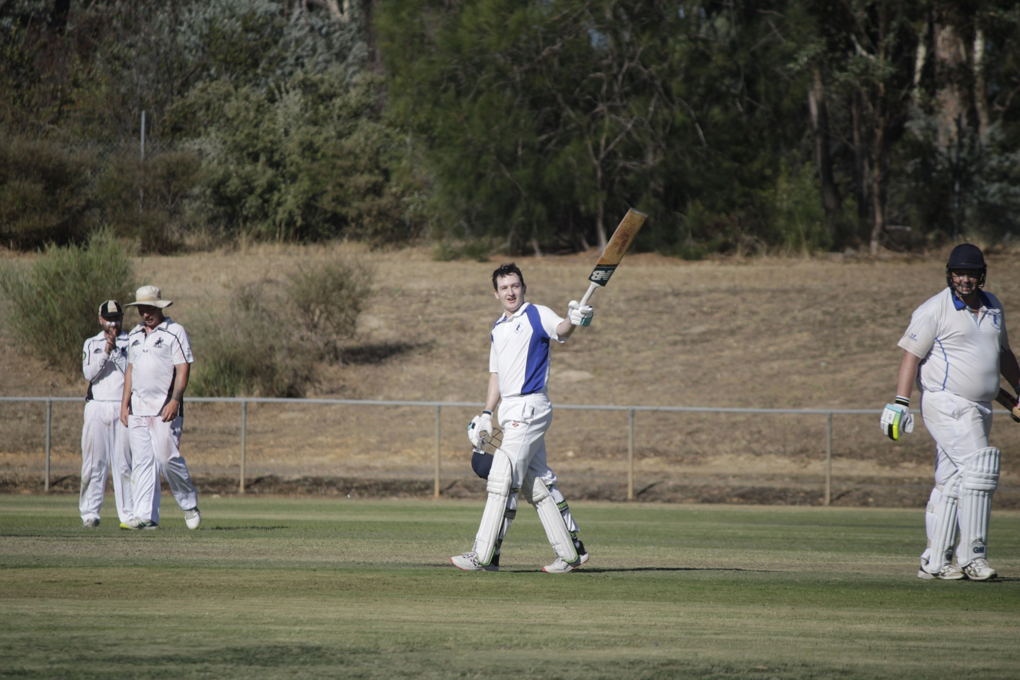 Rhys Wagstaff enjoys the adulation as he celebrates his first A grade century for Colts Phelans. Photo: 210223 11
