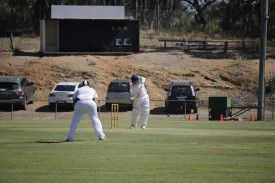 Callum Watts plays defensive to protect his wicket for Colts Phelans. Photo: 210223 14