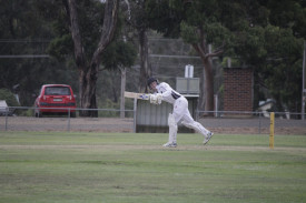 Clunes’ Jude McGuire was stoic at the crease for his 28. Photo: 280223 07 
