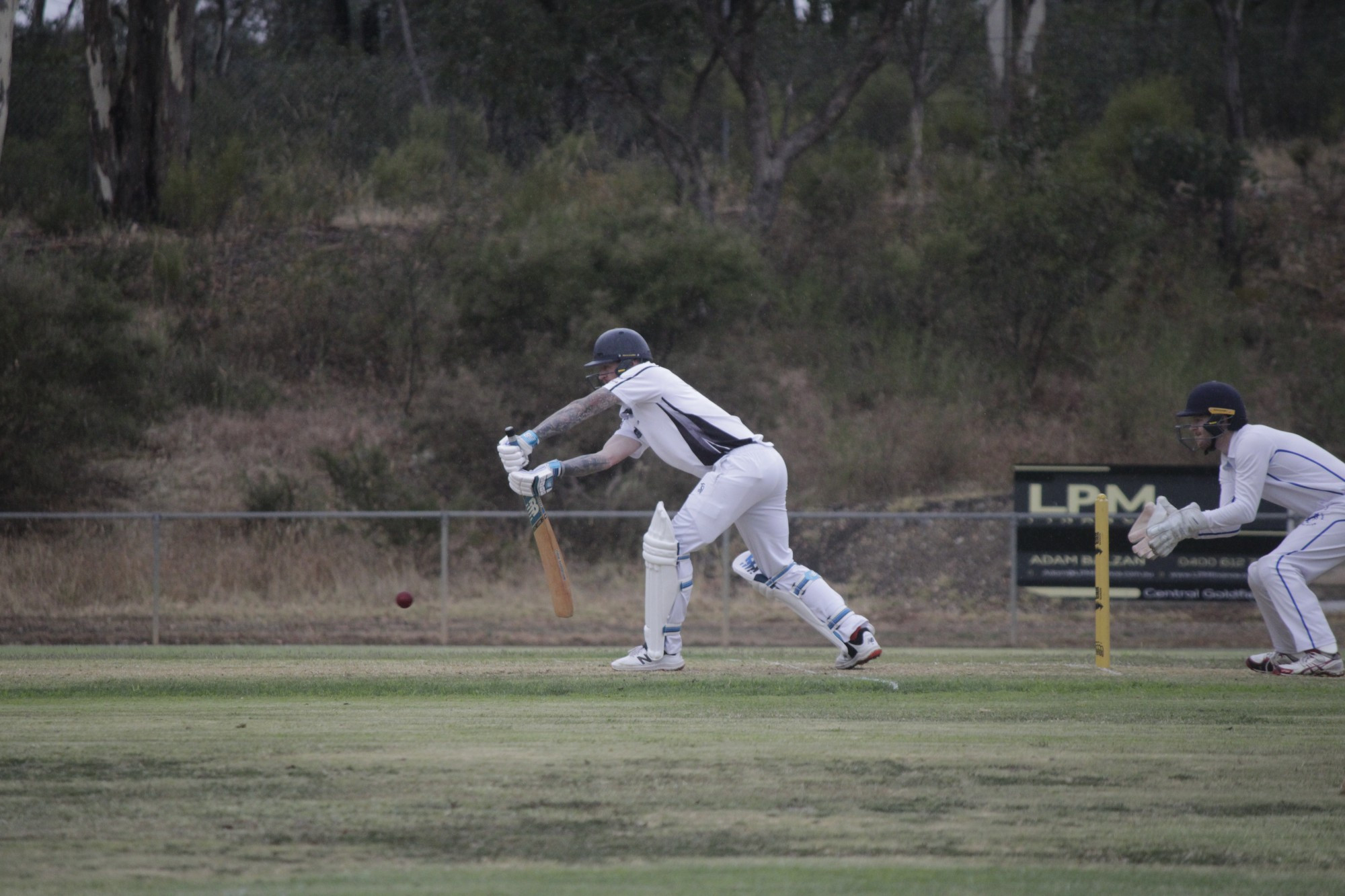 Clunes’ Ashley Gunn gets on the front foot to play a defensive shot. Photo: 280223 03