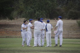 Colts Phelans players celebrate with Luke Tatchell after a good catch to remove Mitchell Coppick. Photo: 280223 05 