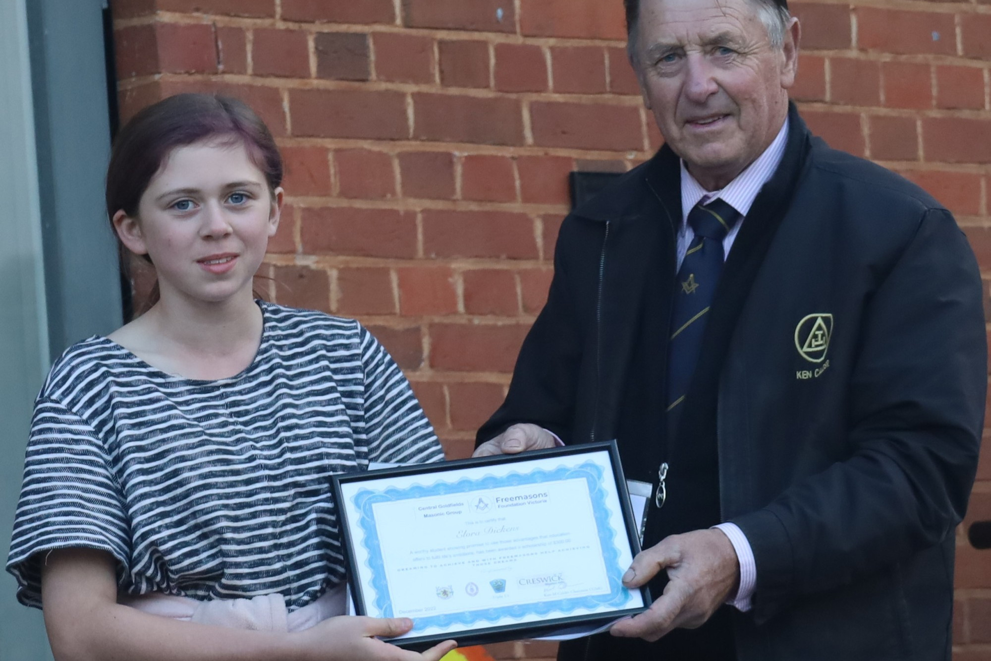 Tarnagulla student Elora was one of many students to receive a Freemasons primary school scholarship in 2022, presented by Central Goldfields Masonic Group chairman Ken Calder.