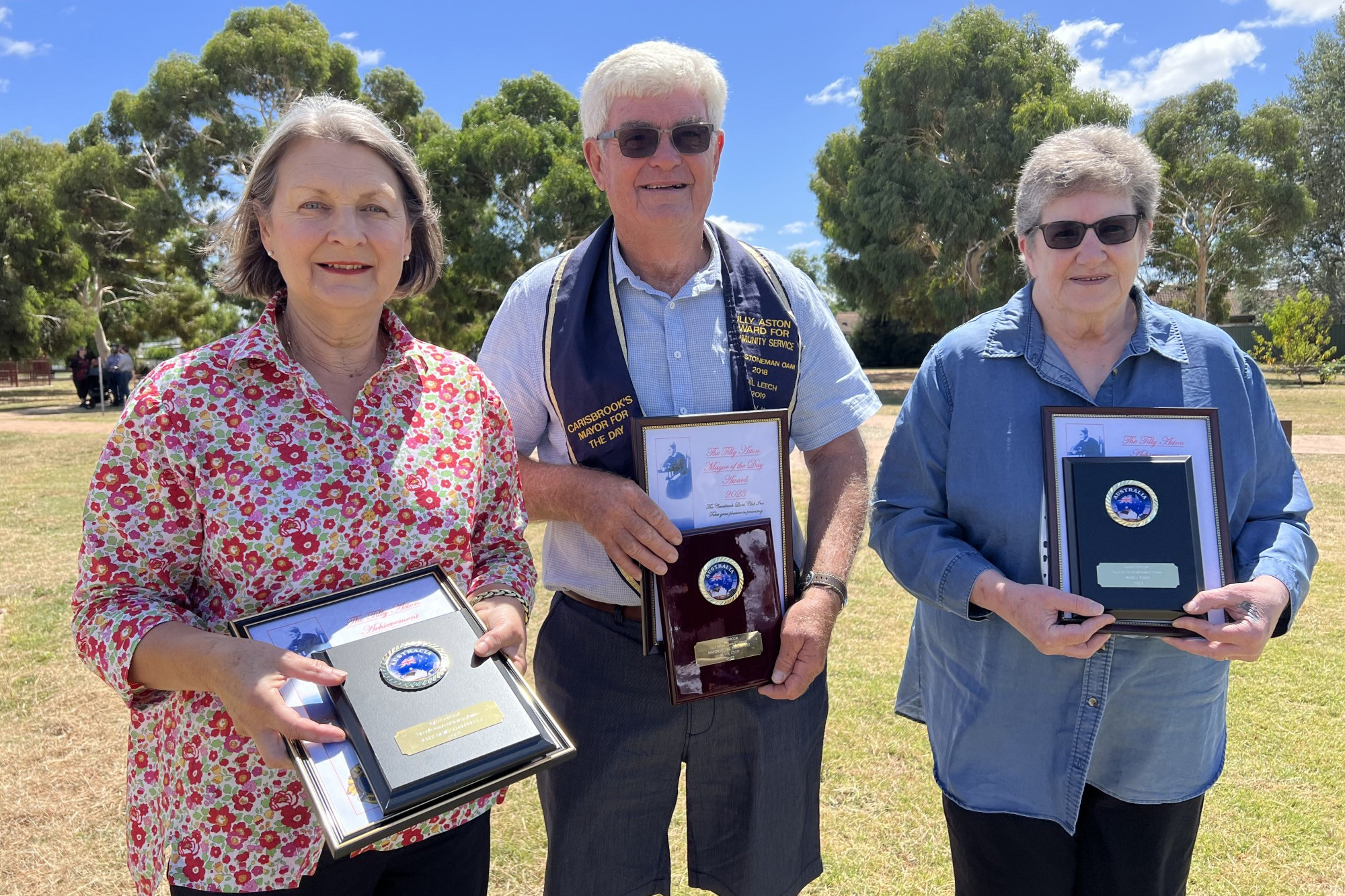 Tilly Aston Achievement Award joint-winners Jenni Newton-Farrelly and Nancy Egan and (centre) Jack O’Connor Mayor of the Day winner Kevin Koop. Photo: 270123 39