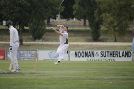 Clunes’ Jaxon Smyth was rewarded with a wicket when he bowled the Owls’ Harry Lumsden. Photo: 310123 22